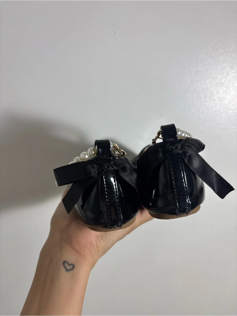 Black Patent Mary Jane Flats with Pearl Ankle Straps